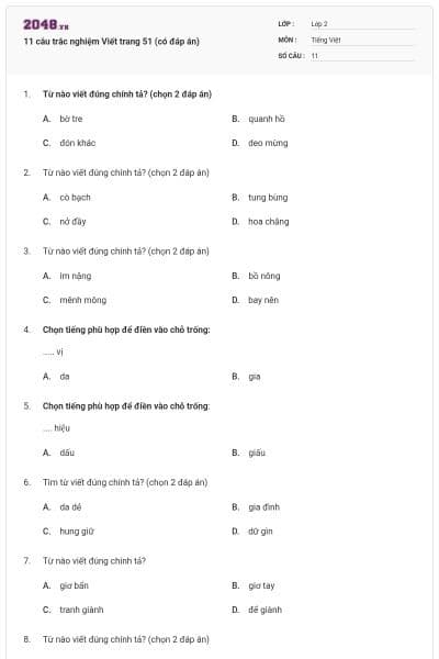 11 câu trắc nghiệm Viết trang 51 (có đáp án)