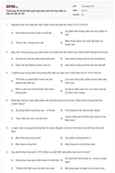 Tổng hợp 20 đề thi thpt quốc gia môn Lịch Sử Hay nhất có đáp án (Đề số 18)