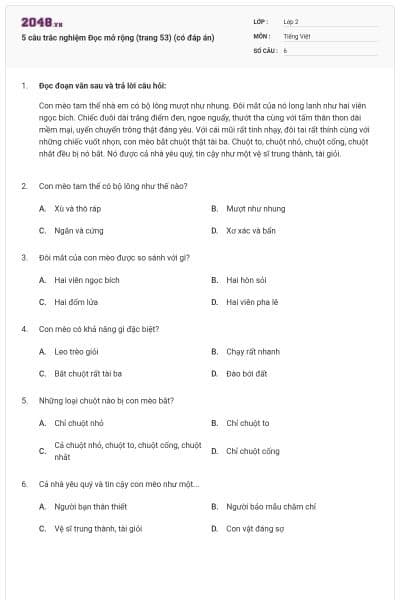 5 câu trắc nghiệm Đọc mở rộng (trang 53) (có đáp án)