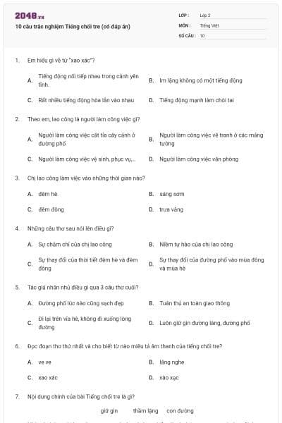 10 câu trắc nghiệm Tiếng chổi tre (có đáp án)