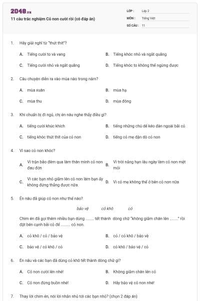 11 câu trắc nghiệm Cỏ non cười rồi (có đáp án)