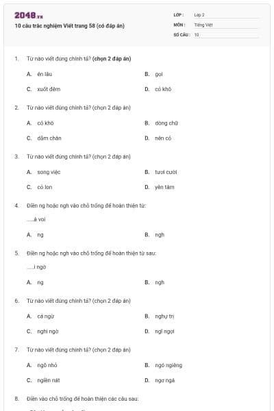 10 câu trắc nghiệm Viết trang 58 (có đáp án)