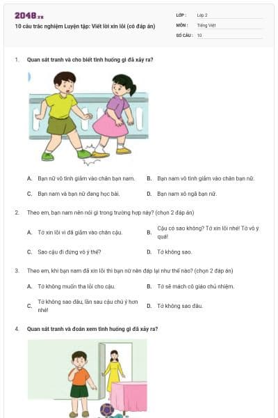 10 câu trắc nghiệm Luyện tập: Viết lời xin lỗi (có đáp án)