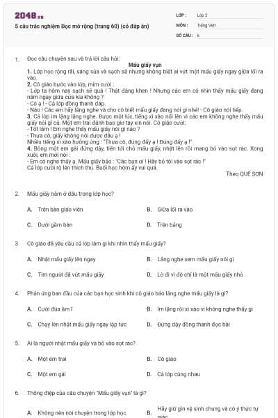 5 câu trắc nghiệm Đọc mở rộng (trang 60) (có đáp án)