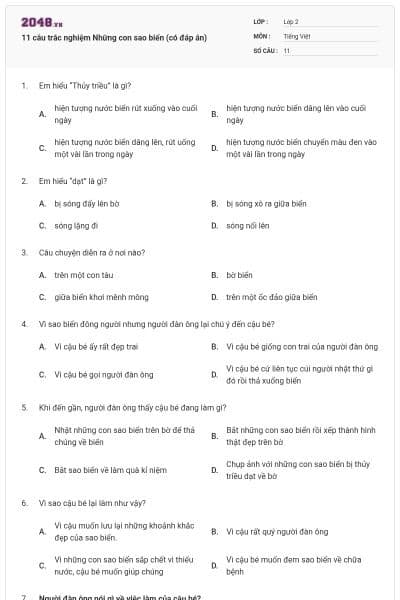 11 câu trắc nghiệm Những con sao biển (có đáp án)