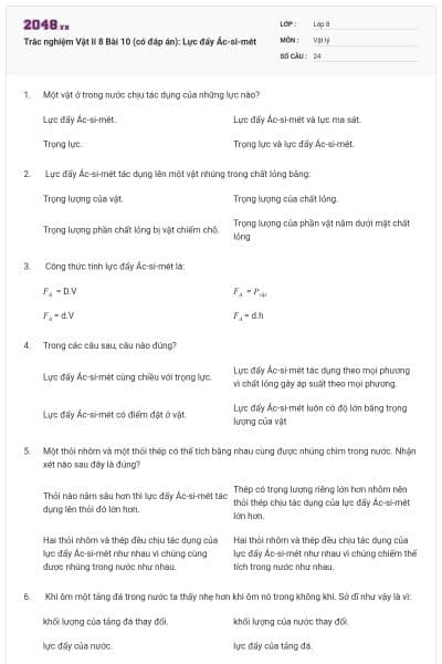 Trắc nghiệm Vật lí 8 Bài 10 (có đáp án): Lực đẩy Ác-si-mét