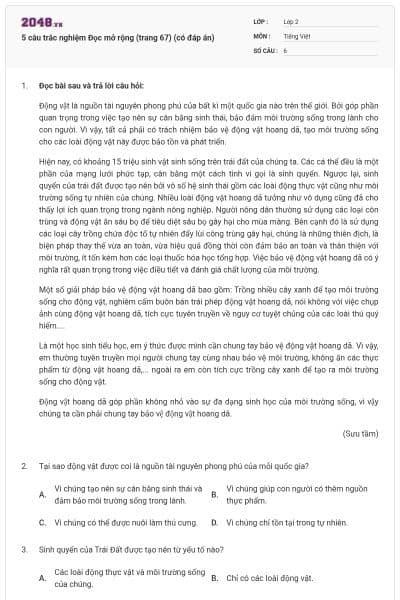 5 câu trắc nghiệm Đọc mở rộng (trang 67) (có đáp án)