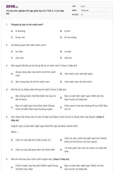 10 câu trắc nghiệm Ôn tập giữa học kì 2 Tiết 3, 4 (có đáp án)