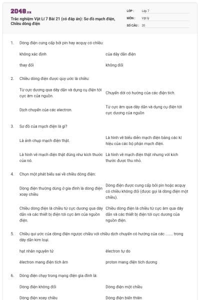Trắc nghiệm Vật Lí 7 Bài 21 (có đáp án): Sơ đồ mạch điện, Chiều dòng điện