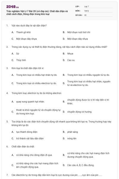 Trắc nghiệm Vật Lí 7 Bài 20 (có đáp án): Chất dẫn điện và chất cách điện, Dòng điện trong kim loại