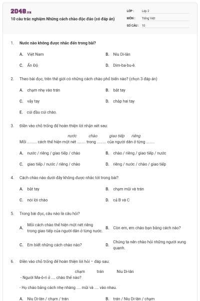 10 câu trắc nghiệm Những cách chào độc đáo (có đáp án)