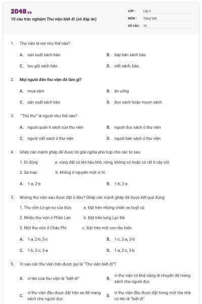 10 câu trắc nghiệm Thư viện biết đi (có đáp án)