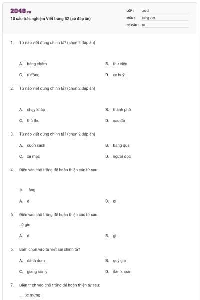 10 câu trắc nghiệm Viết trang 82 (có đáp án)
