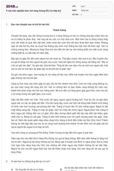 5 câu trắc nghiệm Đọc mở rộng (trang 83) (có đáp án)