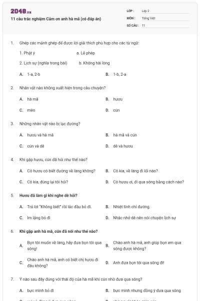 11 câu trắc nghiệm Cảm ơn anh hà mã (có đáp án)