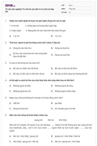 10 câu trắc nghiệm Từ chú bồ câu đến in-tơ-nét (có đáp án)