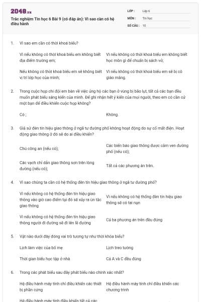 Trắc nghiệm Tin học 6 Bài 9 (có đáp án): Vì sao cần có hệ điều hành