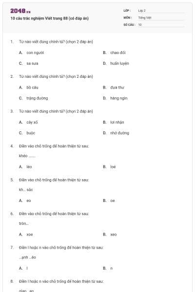 10 câu trắc nghiệm Viết trang 88 (có đáp án)