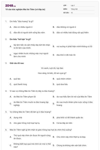 10 câu trắc nghiệm Mai An Tiêm (có đáp án)