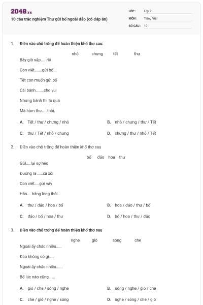 10 câu trắc nghiệm Thư gửi bố ngoài đảo (có đáp án)