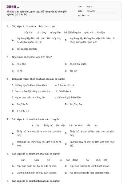 10 câu trắc nghiệm Luyện tập: Mở rộng vốn từ về nghề nghiệp (có đáp án)