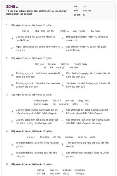 10 câu trắc nghiệm Luyện tập: Viết lời cảm ơn các chú bộ đội hải quân (có đáp án)