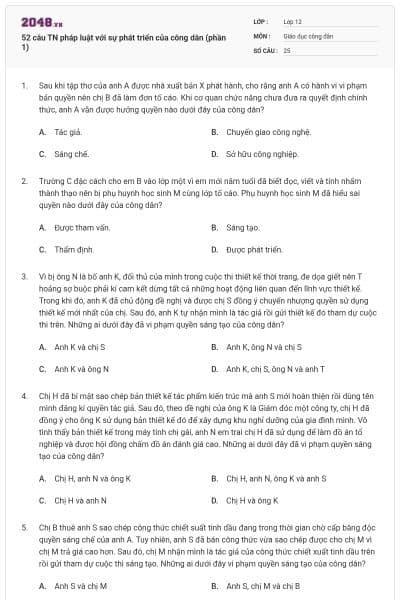 52 câu TN pháp luật với sự phát triển của công dân (phần 1)