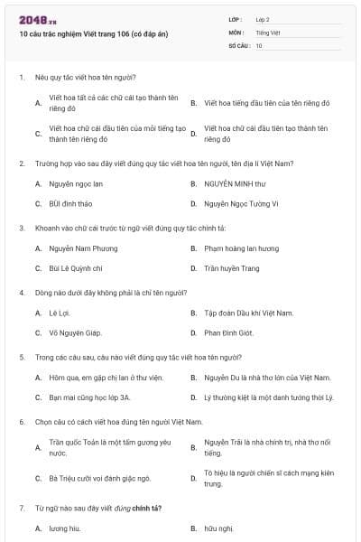 10 câu trắc nghiệm Viết trang 106 (có đáp án)