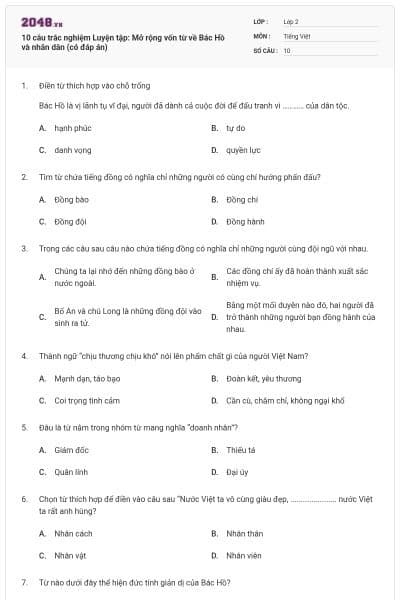 10 câu trắc nghiệm Luyện tập: Mở rộng vốn từ về Bác Hồ và nhân dân (có đáp án)