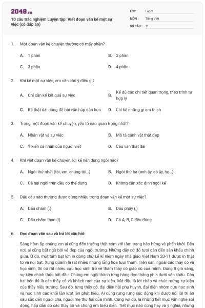 10 câu trắc nghiệm Luyện tập: Viết đoạn văn kể một sự việc (có đáp án)