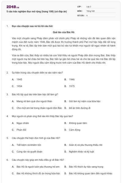 5 câu trắc nghiệm Đọc mở rộng (trang 108) (có đáp án)