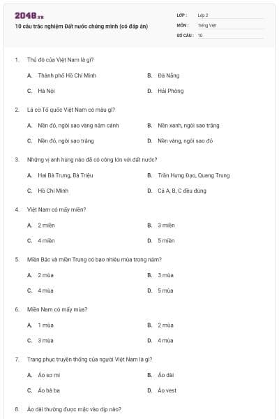 10 câu trắc nghiệm Đất nước chúng mình (có đáp án)