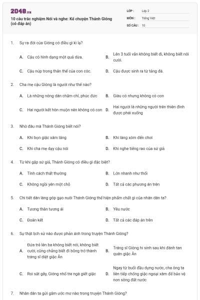 10 câu trắc nghiệm Nói và nghe: Kể chuyện Thánh Gióng (có đáp án)