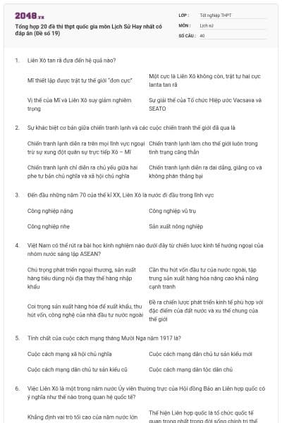 Tổng hợp 20 đề thi thpt quốc gia môn Lịch Sử Hay nhất có đáp án (Đề số 19)