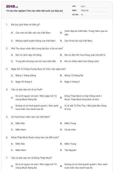 10 câu trắc nghiệm Trên các miền đất nước (có đáp án)
