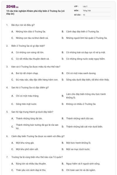 10 câu trắc nghiệm Khám phá đáy biển ở Trường Sa (có đáp án)