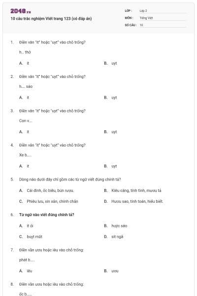 10 câu trắc nghiệm Viết trang 123 (có đáp án)