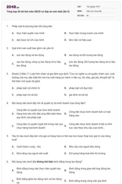 Tổng hợp đề thi thử môn GDCD có đáp án mới nhất (Đề 9)