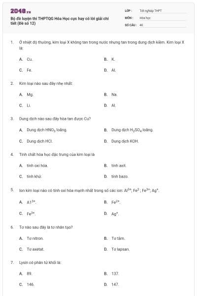 Bộ đề  luyện thi THPTQG Hóa Học cực hay có lời giải chi tiết (Đề số 12)
