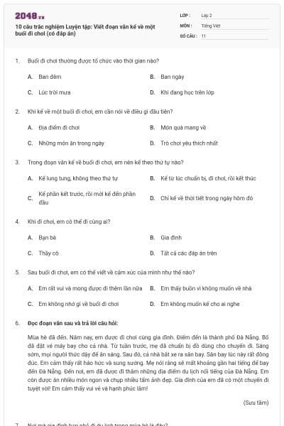 10 câu trắc nghiệm Luyện tập: Viết đoạn văn kể về một buổi đi chơi (có đáp án)