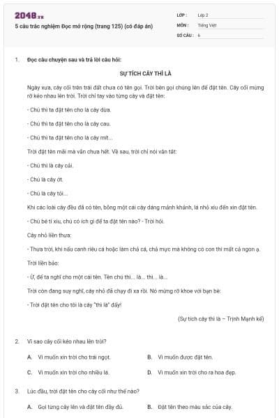 5 câu trắc nghiệm Đọc mở rộng (trang 125) (có đáp án)