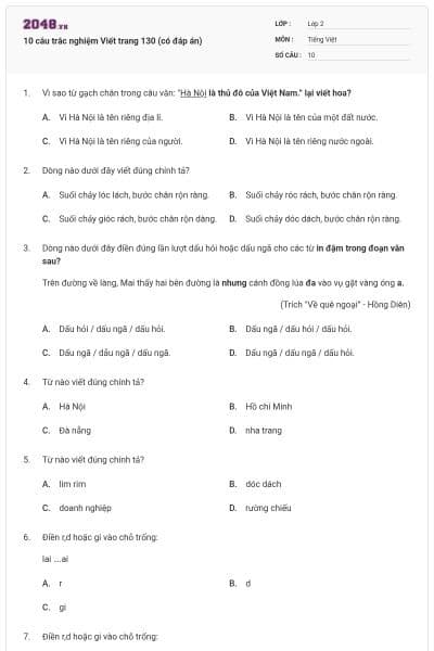10 câu trắc nghiệm Viết trang 130 (có đáp án)