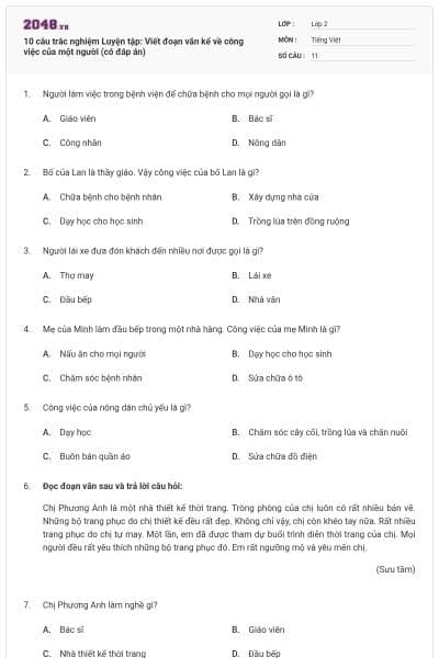 10 câu trắc nghiệm Luyện tập: Viết đoạn văn kể về công việc của một người (có đáp án)