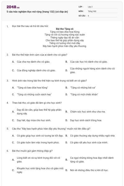 5 câu trắc nghiệm Đọc mở rộng (trang 132) (có đáp án)