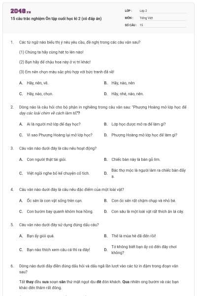 15 câu trắc nghiệm Ôn tập cuối học kì 2 (có đáp án)