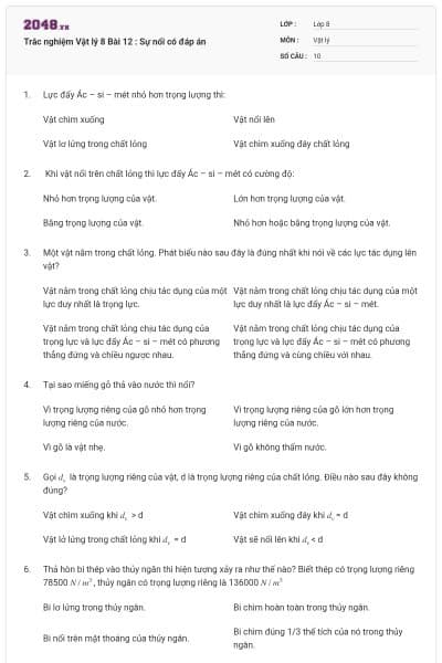 Trắc nghiệm Vật lý 8 Bài 12 : Sự nổi có đáp án