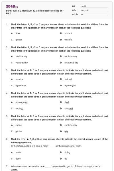 Đề thi cuối kì 2 Tiếng Anh 12 Global Success có đáp án - Đề 2