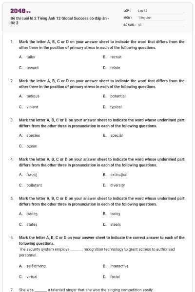 Đề thi cuối kì 2 Tiếng Anh 12 Global Success có đáp án - Đề 3