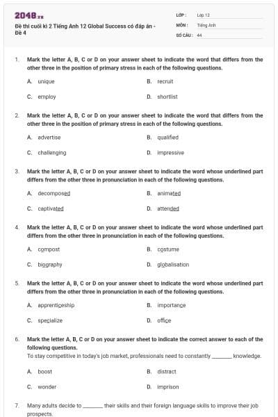 Đề thi cuối kì 2 Tiếng Anh 12 Global Success có đáp án - Đề 4