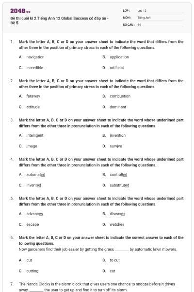Đề thi cuối kì 2 Tiếng Anh 12 Global Success có đáp án - Đề 5